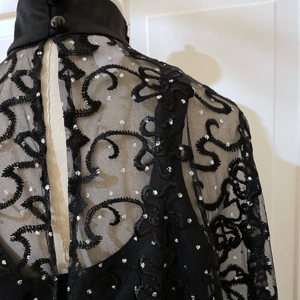 Victorian Vintage High Neck Capelet Black Womens M / L Sheer Beaded Fringed Cape - Picture 12 of 15